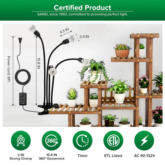 SANSI 40W Adjustable 4-Head Clip-on LED Grow Light with Timer