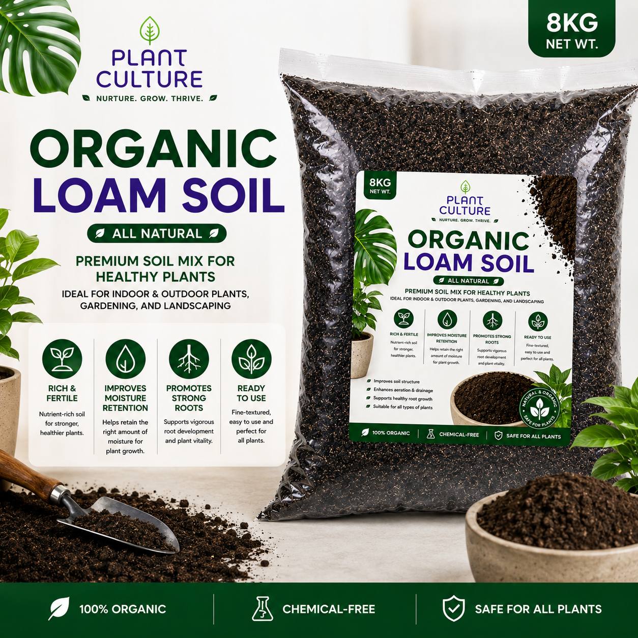 Plant Culture Organic Loam Soil 8kg – Ready to Use Garden Soil Mix for Indoor & Outdoor Plants