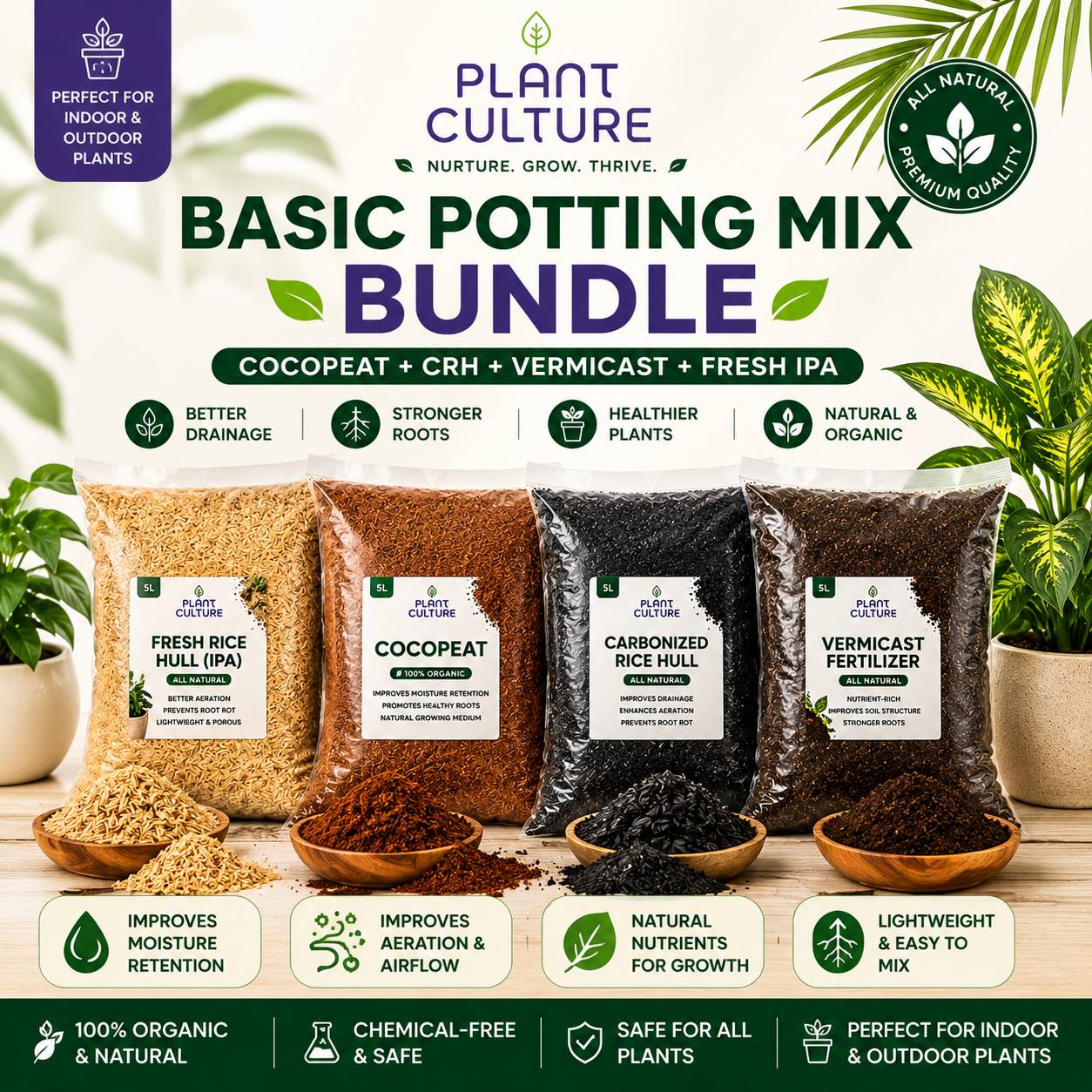 Plant Culture Basic Potting Mix Bundle | Cocopeat CRH Vermicast Fresh Ipa Soil Mix Set