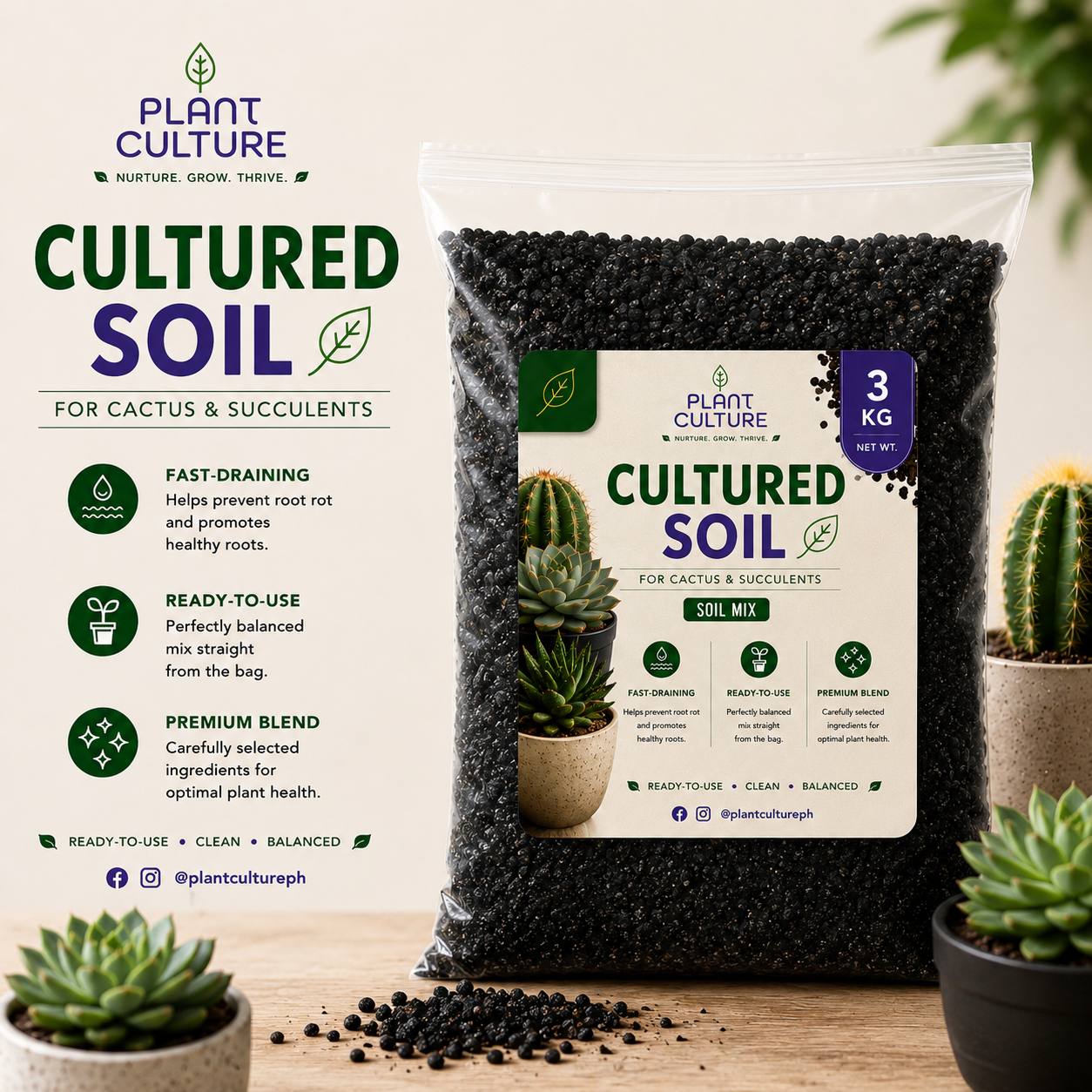 Plant Culture Cultured Soil CnS Mix 1kg | 3kg | 5kg  Premium Cactus & Succulent Blend