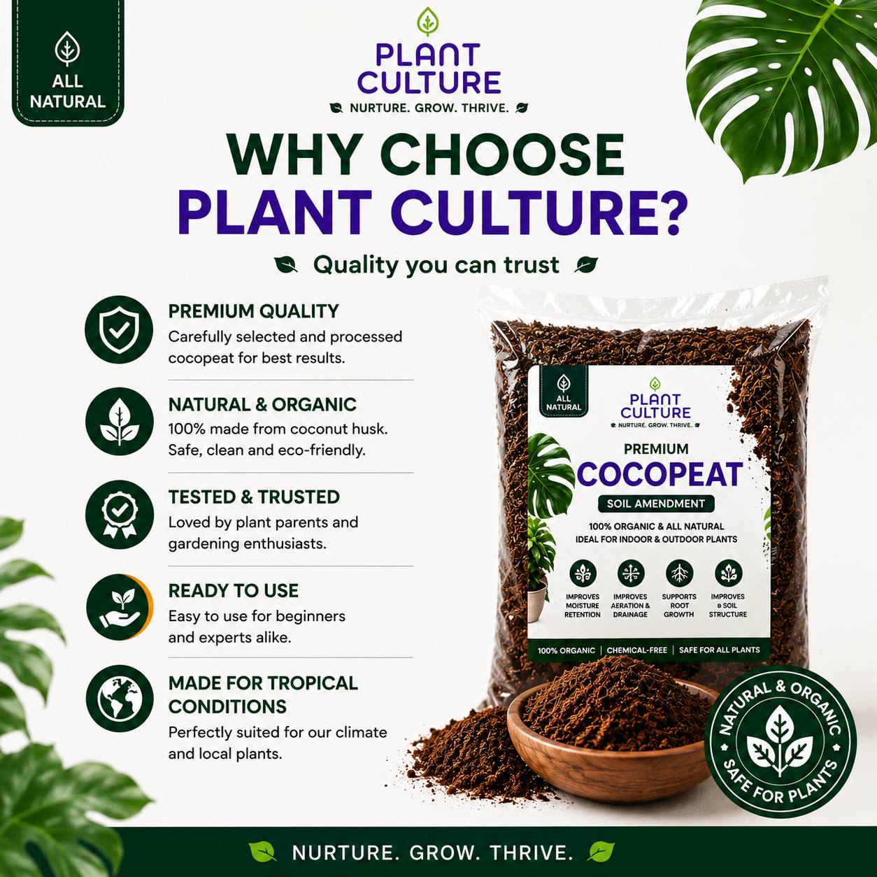 Plant Culture Cocopeat 1L | Organic Coconut Peat Soil Amendment for Seedlings & Propagation