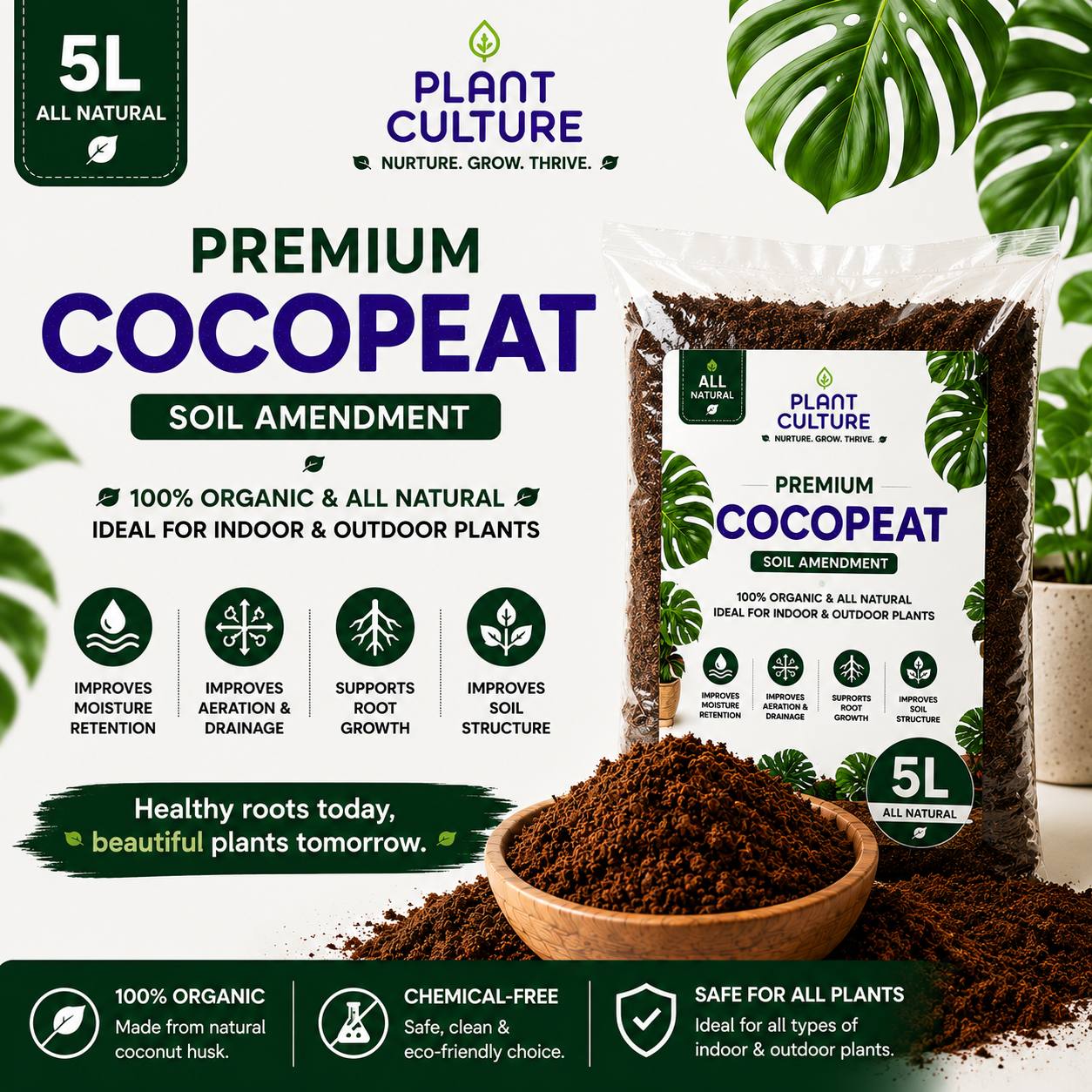Plant Culture Cocopeat 5L | Premium Coconut Peat Growing Medium for Aroids, Vegetables & Tropical Plants