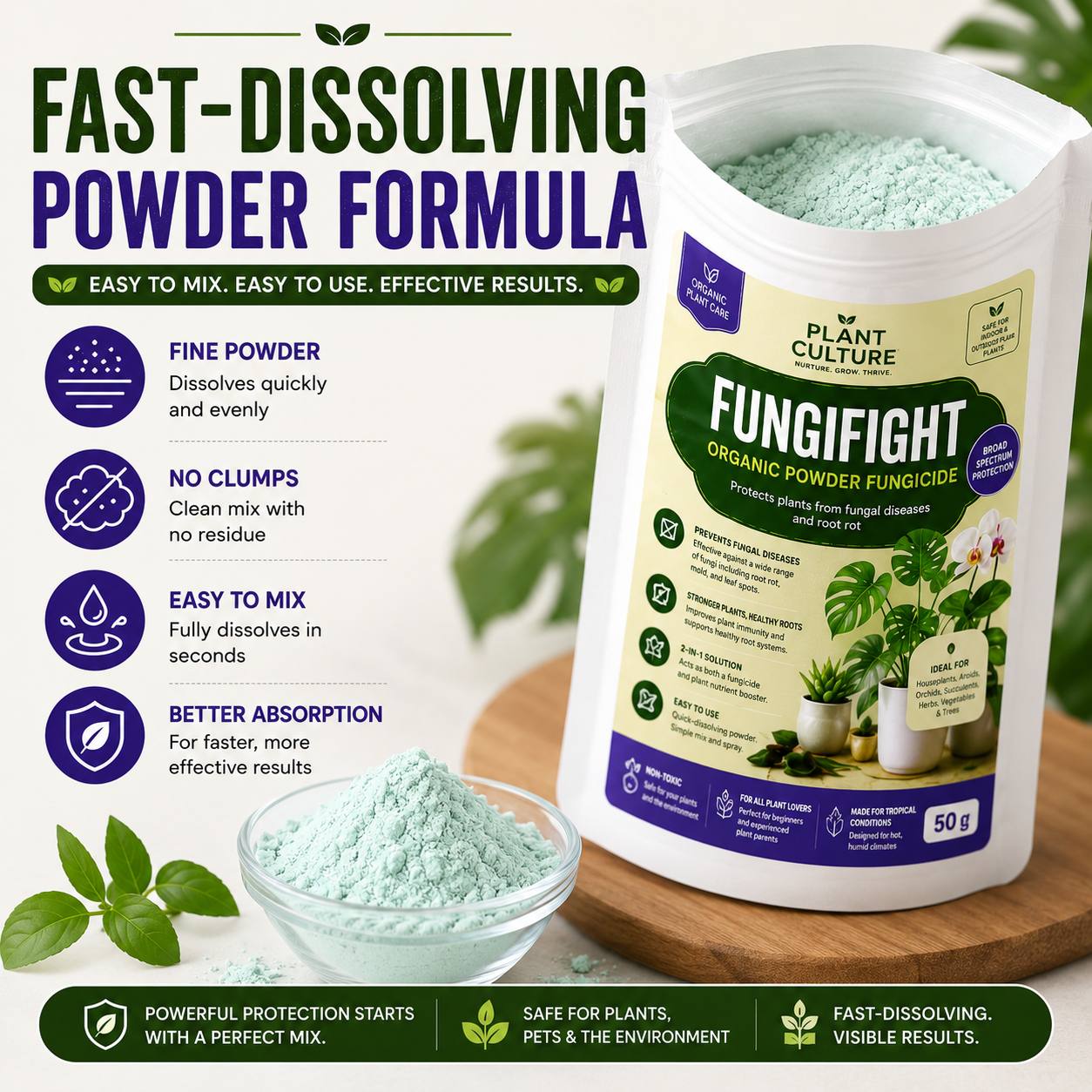 FungiFight Organic Powder Fungicide for Root Rot Mold Fungus | For Houseplants Orchids Aroids Succulents