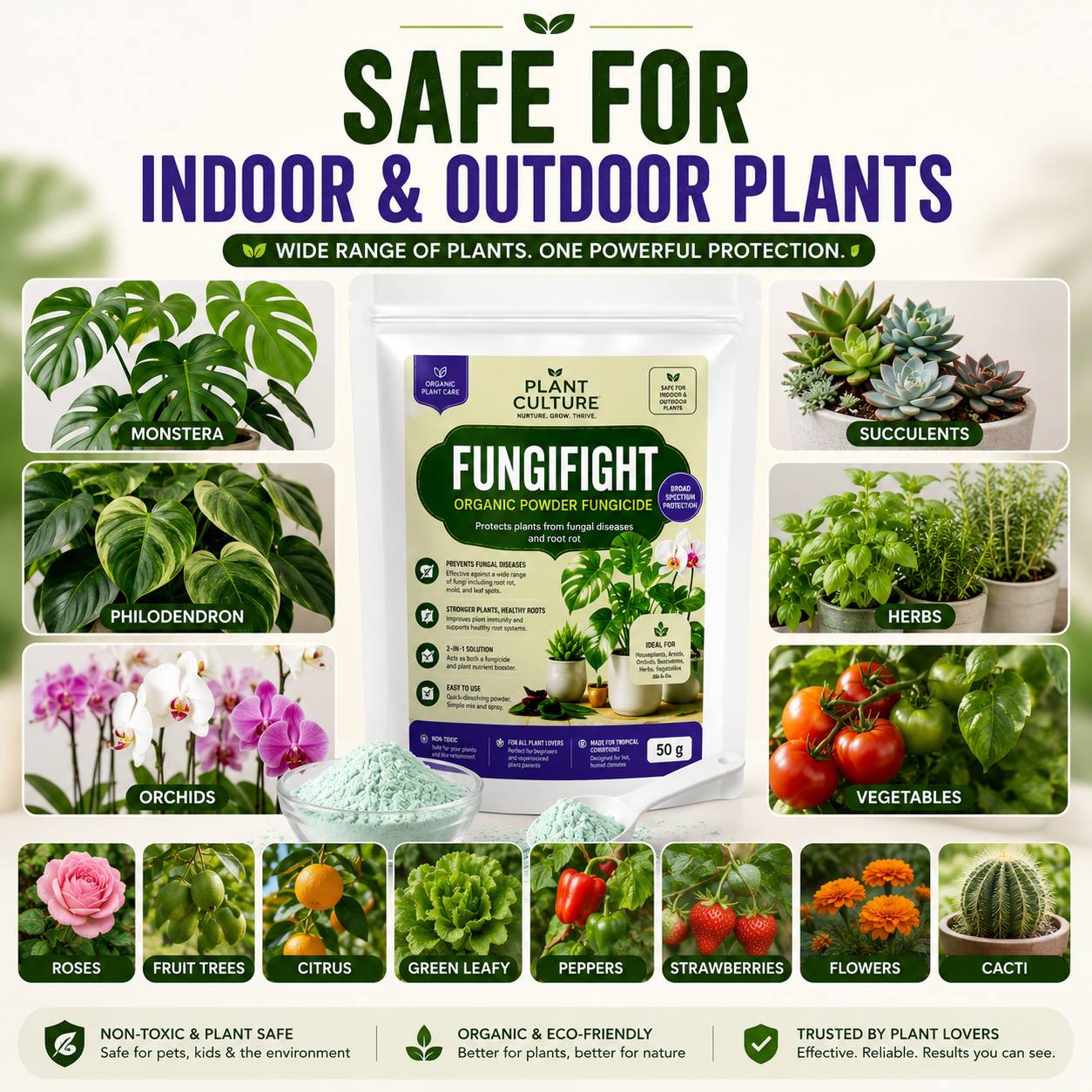 FungiFight Organic Powder Fungicide for Root Rot Mold Fungus | For Houseplants Orchids Aroids Succulents