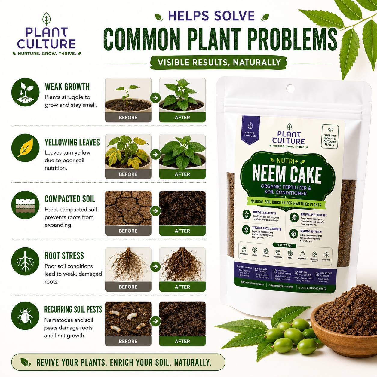Plant Culture Nutri+ Neem Cake Organic Fertilizer & Soil Conditioner 50g/100g