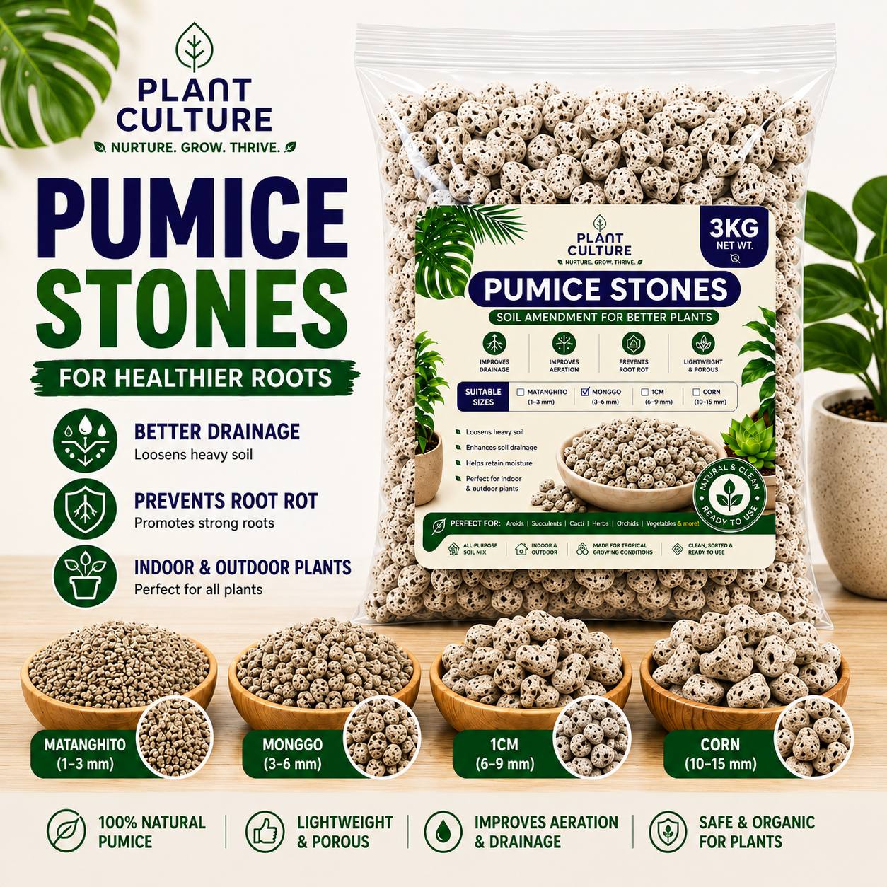 Plant Culture Pumice Stones 3KG | Lightweight Volcanic Soil Mix Additive for Indoor & Outdoor Plants