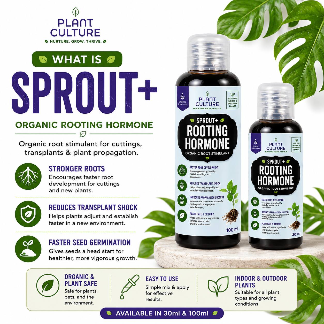 Plant Culture Sprout+ Organic Rooting Hormone for Cuttings & Propagation | 30ml / 100ml