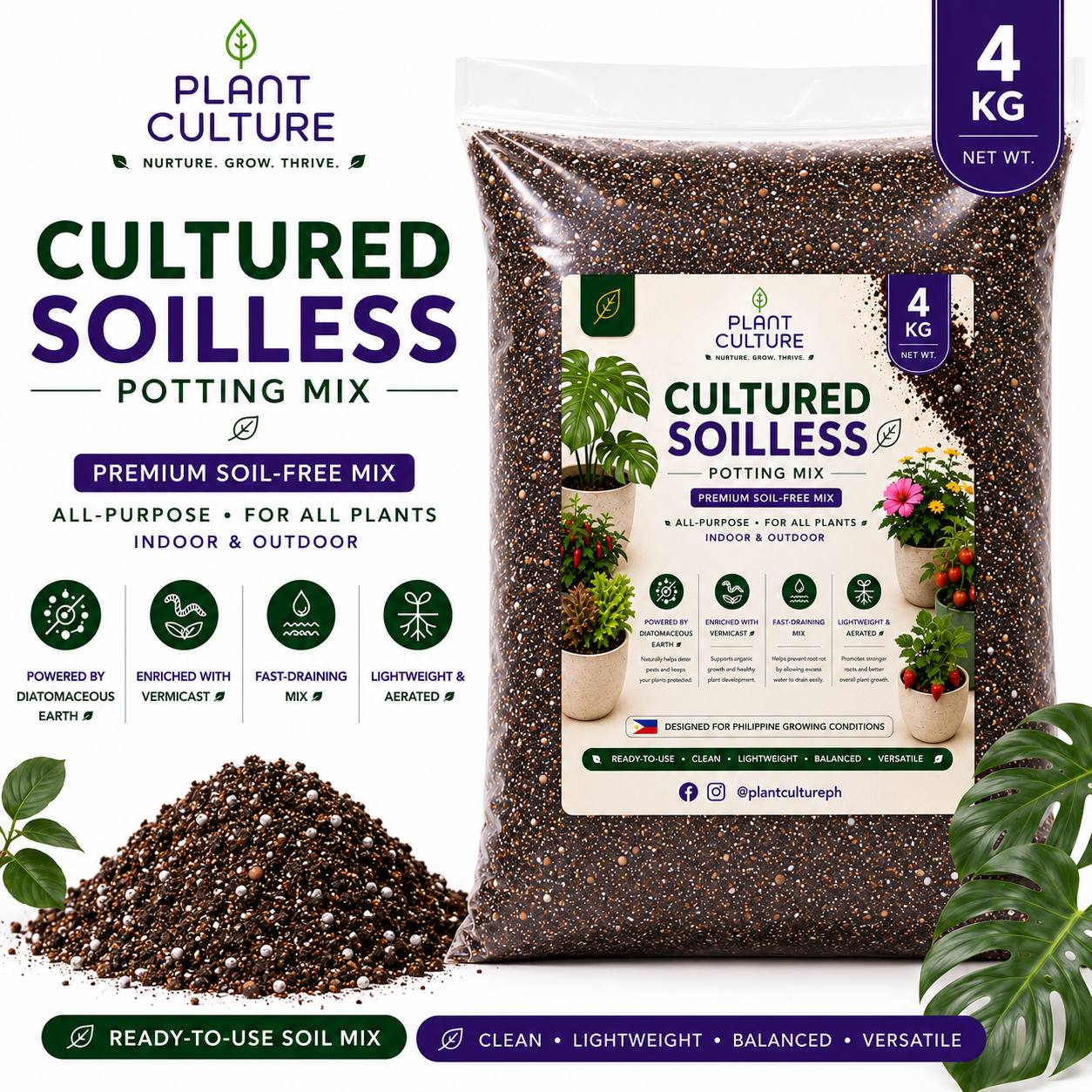 Plant Culture Cultured Soilless Potting Mix 1kg | 4kg Premium All-Purpose Soil-Free Mix