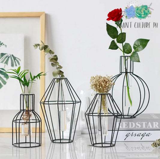 Glass Tube Vase with Black Geometric Metal Frame