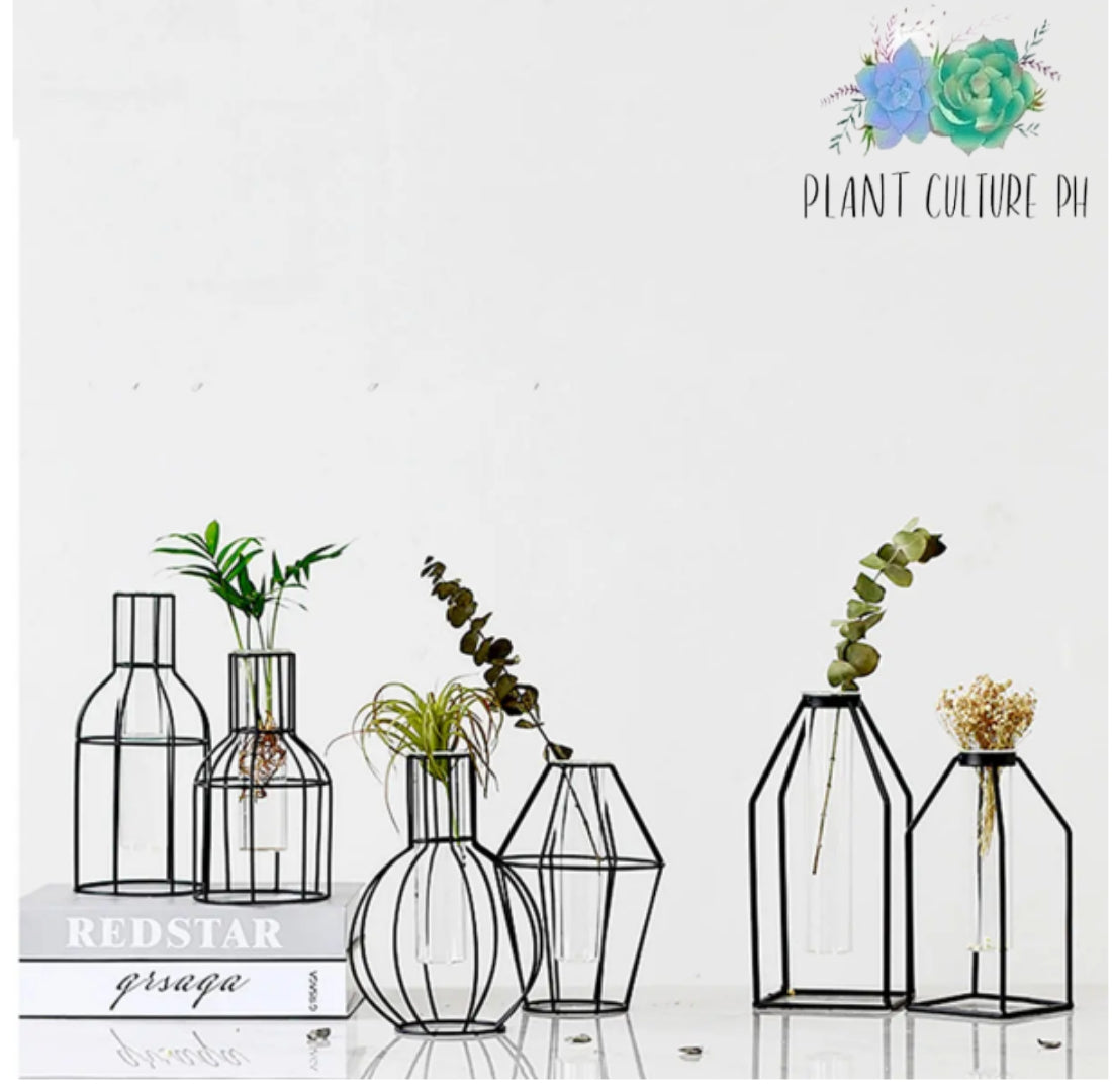 Glass Tube Vase with Black Geometric Metal Frame