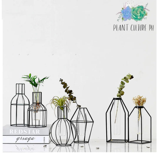 Glass Tube Vase with Black Geometric Metal Frame