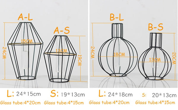 Glass Tube Vase with Black Geometric Metal Frame
