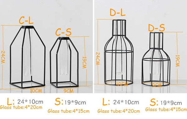 Glass Tube Vase with Black Geometric Metal Frame
